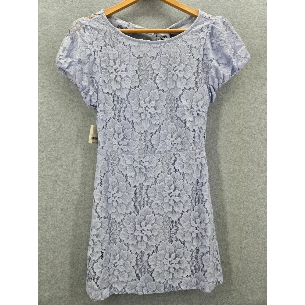 NWT FREE PEOPLE Light Blue HAILEE MINI DRESS  LACE FLORAL Cottagecore M - Picture 3 of 11